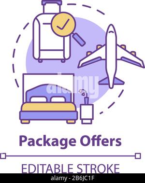 Package offers concept icon. Cost effective, all inclusive tour idea thin line illustration. Transportation and accommodation included. Vector Stock Vector
