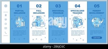 Inclusive education onboarding vector template. Parental involvement. Partial and full inclusion. Responsive mobile website with icons. Webpage Stock Vector