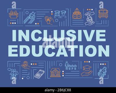 Inclusive education word concepts banner. Universal college program. Handicapped people. Infographics with linear icons on blue background. Isolated Stock Vector