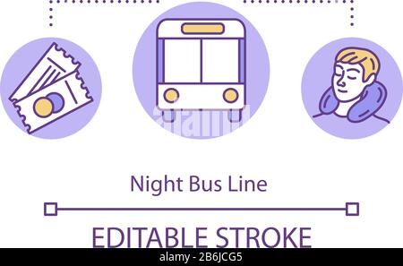 Night bus line concept icon. Comfortable transportation, cost effective tourism idea thin line illustration. Rest while travel. Vector isolated Stock Vector