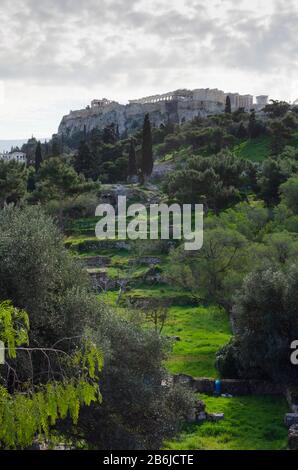 The Parthenon as viewed from Thissio in central Athens Greece Stock Photo