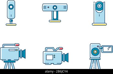 Webcams RGB color icons set. Digital video cameras. Online chatting, conference. Surveillance. Portable recording gadgets. Technology. Mobile devices Stock Vector