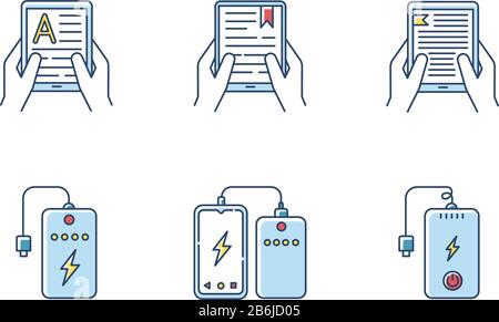 Portable electronic devices RGB color icons set. Power bank. Portable battery. Pocket charging gadget. Hands holding e-readers, tablets. Digital Stock Vector