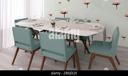 3d render of Modern interior of a dining room with unique and hand painted wallpaper. A concept of a clean space, decorated minimally and with style. Stock Photo
