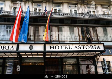 VIENNA, AUSTRIA, 23 MARCH 2017: entrance of Hotel Astoria with signboard and flags Stock Photo