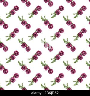 Seamless pattern pink rose flower with green leaves on white background isolated closeup, burgundy roses repeating ornament, red flowers vintage print Stock Photo