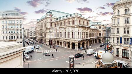 VIENNA, AUSTRIA, 23 MARCH 2017: State Opera House panoramic view from Albertina Square with people and traffic at the streets Stock Photo