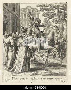 The prodigal son left his home Parable of the Prodigal Son (series title) the youngest son says goodbye to his family and leaves home. In the margin a caption in the Latijn. Manufacturer : printmaker: Crispijn of Passe (I) (listed building), designed by: Marten de Vos (listed property) Place manufacture: Antwerp Date: 1580 - 1588 Physical features: car material: paper Technique: engra (printing process) Measurements: plate edge: h 227 mm × W 184 mm Subject: leave-taking and departure of the prodigal sonclothes, costume (+ men's clothes) clothes, costume (+ women's clothes) clothing for the upp Stock Photo