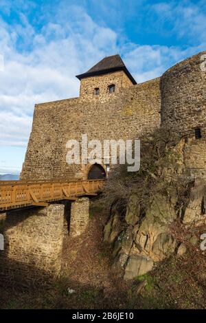 Helfstyn castle ruins with bridge near Lipnik nad Becvou town in Czech republic Stock Photo