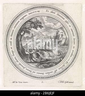 The fish spit Jonah out on the land of Jonah History (series title) After three days and nights in the belly of the fish survived to the fish spits Jonah out on the land. The scene is captured in a circular frame with a Bible quote from Jonah to Latijn. Manufacturer : printmaker: Crispijn of Passe (I) to design: Marten de Vos (listed building) publisher: Philip Galle (listed property) Place Manufacture: Antwerpen Date: 1580 - 1588 Physical characteristics: engra material: paper Technique: engra (printing process) Measurements: plate edge: h 100 mm × W 93 mm Subject: after a three-day sojourn i Stock Photo