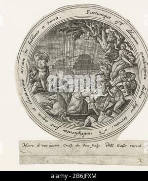 The Flood of Noah History (series title) the flood inundating the land. People and animals are swallowed by the water. A couple of men and women trying to save themselves by climbing a tree. In the background the ark that saves the passengers before the flood. The scene is captured in a circular frame with an edge inscription in Latijn. Manufacturer : printmaker: Crispijn of Passe (I) (listed building), designed by: Marten de Vos (listed building) publisher: Philip Galle (listed object) Place manufacture: Antwerp Date: 1580 - 1588 Physical features: car material: paper Technique: engra (printi Stock Photo