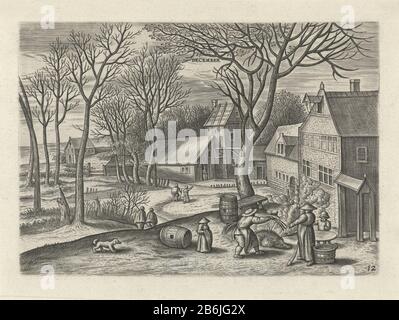 December (title object) The twelve months (series title) winter landscape with winter scenes. December is the month of slaughter. In the foreground a pig being smoked by a family. Part of a series of twelve months Where: every month appears with her typical human activities and its climatic kenmerken. Manufacturer : printmaker Julius Goltzius to design: Gillis Mostaert (I) publisher Claes Jansz. Visscher (II) Place manufacture: print maker: Antwerpen Publisher: Amsterdam Dating: ca. 1560 to 1595 and / or 1596 - 1652 Physical characteristics: engra material: paper Technique: engra (printing pro Stock Photo