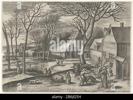 December (title object) The twelve months (series title) winter landscape with winter scenes. December is the month of slaughter. In the foreground a pig being smoked by a family. Part of a series of twelve months Where: every month appears with her typical human activities and its climatic kenmerken. Manufacturer : printmaker Julius Goltzius to design: Gillis Mostaert (I) Publisher: Hans van LuyckPlaats manufacture: Antwerp Dating : ca. 1560 - 1595 Physical characteristics: engra material: paper Technique: engra (printing process) Measurements: sheet: b 169 mm × h 116 mmToelichtingDeze series Stock Photo