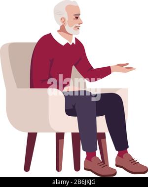 Elderly man in armchair semi flat RGB color vector illustration. Pensioner talking. Retired person taking part in conversation. Psychology Stock Vector