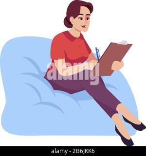 Woman on bag chair semi flat RGB color vector illustration. Girl with clipboard in sack armchair. Psychologist. Businesswoman. Psychology consultation Stock Vector