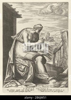 Delfische Sibille Sibylla Delphica (op title object) Sibille (series title) The Delphic Sibyl sits on a chair. On her lap an open book. The print has a Latin caption and is part of a ten-part series on the Sibillen. Manufacturer : printmaker: Philip Galle (listed property) designed by: Anthonie Blocklandt (listed property) writer: Benedict Arias Montanus Publisher: Philips Gall Place manufacture: print maker: Antwerpen to design: The Netherlands Writer: Antwerpen Publisher: Antwerpen Date: 1575 Physical characteristics: engra material: paper Technique: engra (printing process) Measurements: pl Stock Photo