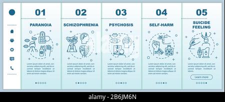 Mental disorders onboarding vector template. Psychological diseases. Schizophrenia. Paranoia. Suicide feeling. Responsive mobile website with icons Stock Vector