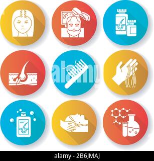 Hair loss flat design long shadow glyph icons set. Male alopecia and female balding. Trihoscopy diadnosis. Thinning hairline. Medicament, shampoo Stock Vector