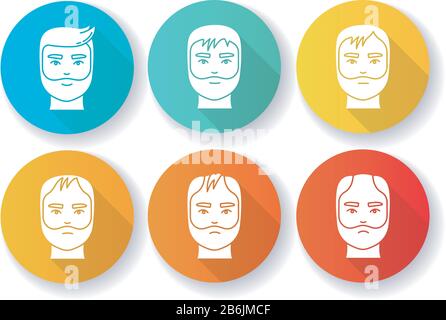 Hair loss flat design long shadow glyph icons set. Baldness process stages. Male alopecia conditions. Hairloss, hair thinning. Dermatology problem Stock Vector