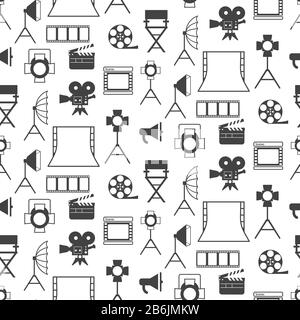 Seamless pattern with black video production icons. Stock Vector