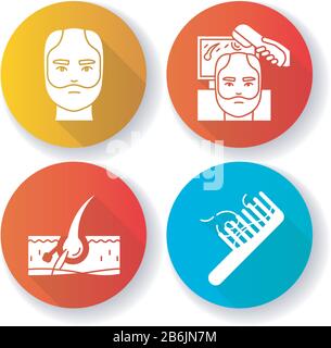 Hair loss flat design long shadow glyph icons set. Man balding treatment. Male alopecia. Hair strands on comb. Damaged follicle. Dermatology Stock Vector