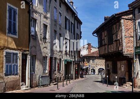 France, Ain departement, Auvergne - Rhone - Alpes région.  In the center of the city of Bourg-en- Bresse, in the Jules Maconney Street a series of beautiful old half-timbered houses from the medieval period Stock Photo
