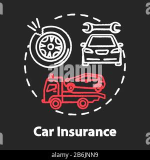 Car insurance chalk RGB color concept icon. Auto wreck. Collision damage. Accident coverage. Personal property fix idea. Vector isolated chalkboard Stock Vector