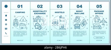 Budget accommodations onboarding vector template. Hostels, night bus line, camping and package offers. Responsive mobile website with icons. Webpage Stock Vector