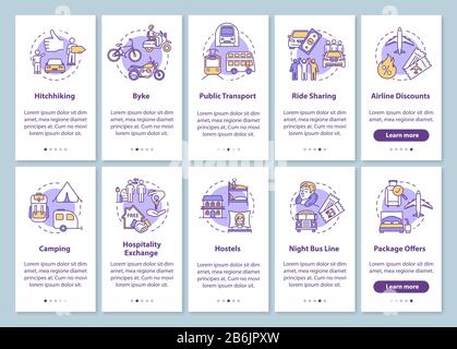 Transport and sleeping onboarding mobile app page screen with concepts. Hitchhiking and camping. Budget travel walkthrough steps graphic instructions Stock Vector