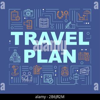 Travel plan word concepts banner. Free excursions. Visit parks. Touristic route. Infographics with linear icons on dark blue background. Isolated Stock Vector