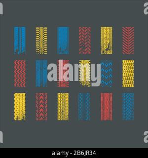 Track tread RGB color icons set. Detailed automobile, motorcycle tyre marks. Car summer and winter wheel trace. Vehicle tire trail in grunge style Stock Vector