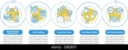 Inexpensive nutrition vector infographic template. Money saving tips presentation design elements. Data visualization with five steps. Process Stock Vector