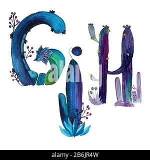 G, H, I letters in the form of cactus in blue colors, green eco English letter Illustration on a white background Stock Photo