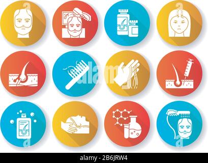 Hair loss flat design long shadow glyph icons set. Hair roots. Alopecia treatment. Hair strands on hand and comd. Physiotherapy and injection for hair Stock Vector