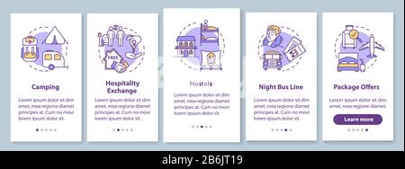 Sleeping onboarding mobile app page screen with concepts. Camping, hospitality exchange. Budget traveling walkthrough five steps graphic instructions Stock Vector