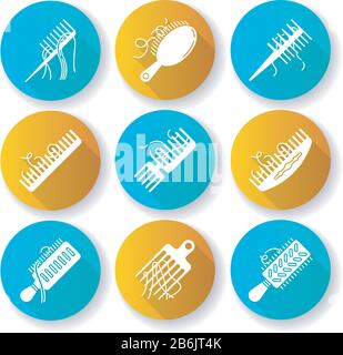 Hair loss flat design long shadow glyph icons set. Comb with hair. Alopecia, stress symptom. Hairbrush with strands. Dermatology, cosmetology Stock Vector