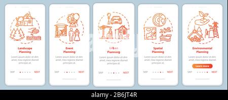 Landscape engineering onboarding mobile app page screen with concepts. Real estate. Event planning walkthrough 5 steps graphic instructions. UI vector Stock Vector
