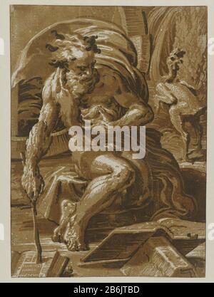 Diogenes Diogenes sitting on the ground in front of its barrel. In his hand he holds a stick Where: note he points in a book. In the background right a plucked haan. Manufacturer : printmaker: Ugo da Carpi (listed property) to design: Parmigianino (listed property) Place manufacture: Italy Date: 1502 - 1532 Physical features: chiaroscuro woodcut in black and brown; printed four wooden tone blocks material: paper Technique: chiaroscuro-woodcut dimensions: sheet: H 482 mm × W 346 mm Subject: Diogenes mocks Plato's definition of man, by showing a plucked fowl Stock Photo