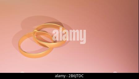 golden ring. two wedding rings. engagement ceremony. wedding pink background. 3D illustration close-up Stock Photo