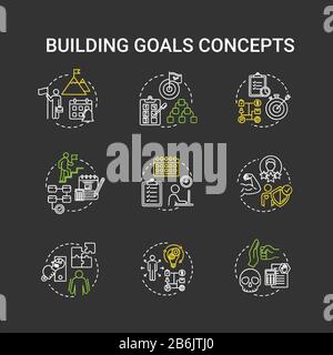 Building goals chalk RGB color concept icons set. Priorities and efficiency. Setting target to achieve. Self-development idea. Vector isolated Stock Vector