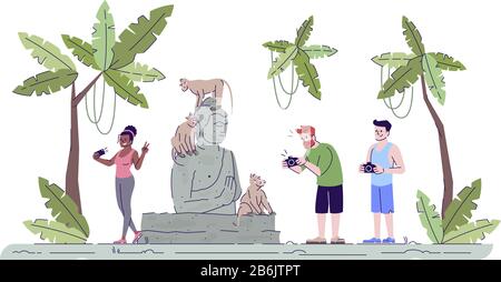 Tourists taking photos flat doodle illustration. People photographing primates and Buddha statue. Sacred monkey forest. Indonesia tourism 2D cartoon Stock Vector