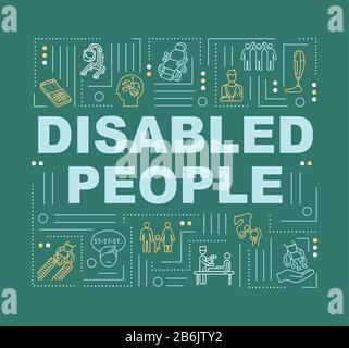 Disabled people word concepts banner. Assistance for handicapped students. Infographics with linear icons on green background. Isolated typography Stock Vector