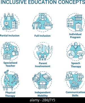 Inclusive education concept icons set. Individual program. Partial and full inclusion. Specialized teaching idea thin line RGB color illustrations Stock Vector