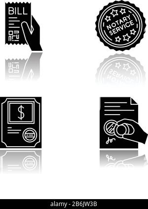 Notary services drop shadow black glyph icons set. Apostille and legalization. Notarized document. Stock certificate. Bill, receipt. Stamp. Validation Stock Vector
