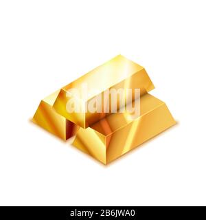 Bright stack of three realistic glossy golden bars in isometric view on white Stock Vector
