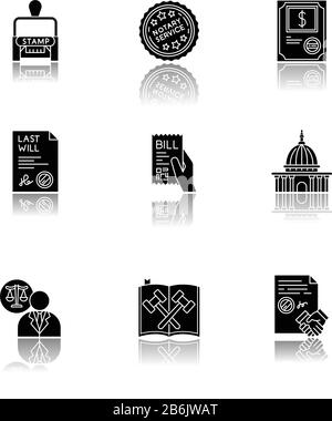 Notary services drop shadow black glyph icons set. Apostille and legalization. Stock certificate. Bill. Supreme court. Legal code. Last will. Lawyer Stock Vector