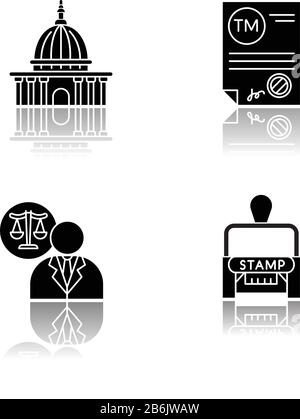 Notary services drop shadow black glyph icons set. Apostille and legalization. Notarized document. Trademark certificate. Supreme court. Lawyer. Stamp Stock Vector