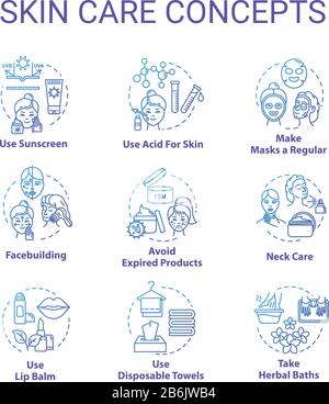 Skin care steps, cosmetology concept icons set. Skin beauty, youth preservation, cosmetic procedures idea thin line RGB color illustrations. Vector Stock Vector