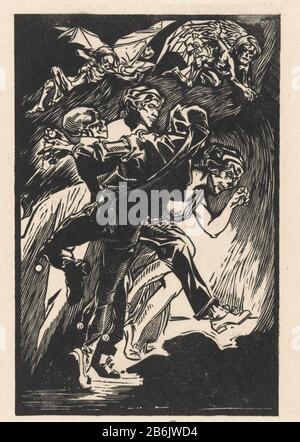 Danse Macabre A group of four dancing figures Where: under a skeleton in a suit and a jester. Above them, two winged devils, of whom: one holds the arms as if he were using bows and arrows schiet. Manufacturer : printmaker: Johannes Josephus Aart Dated: 1881 - 1934 Physical features: woodcut material: paper Technique: woodcut dimensions: image: H 295 mm × W 193 mm Subject: dance of Death; Death together with one or more human being devil (s) and demons courtjester, court fool Stock Photo
