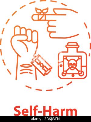Self harm concept icon. Masochism. Self-injury and substance abuse. Personality disorder. Mental illness idea thin line illustration. Vector isolated Stock Vector
